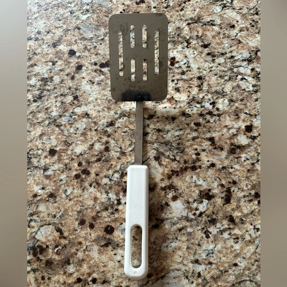 Vintage Ekco Slotted Spatula with White Handle